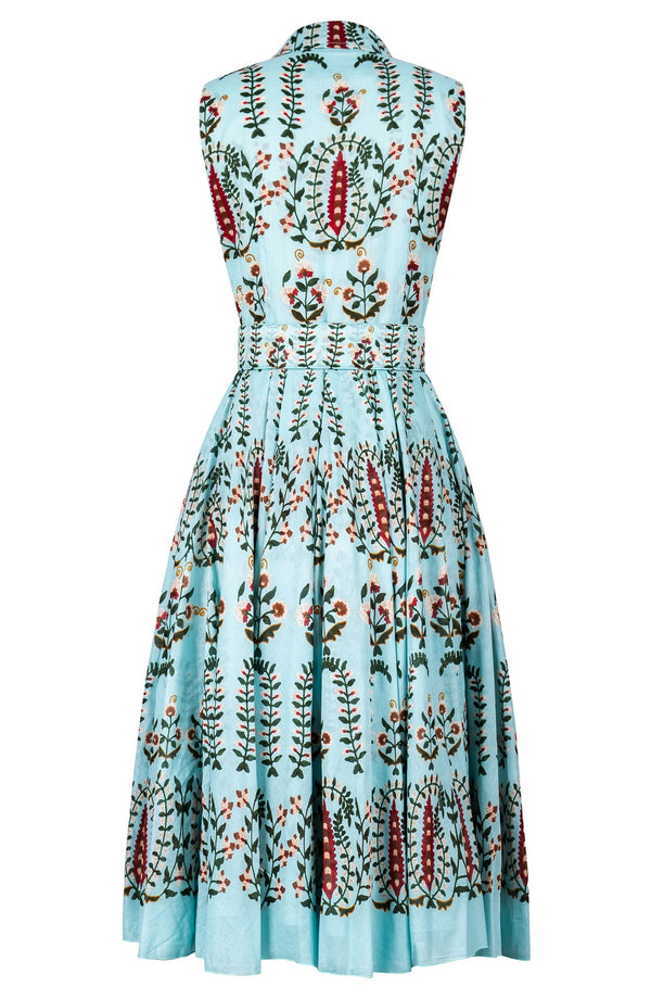 Aster Dress Shirt Collar Sleeveless Midi Length Cotton Musola (Suzani Ferns)