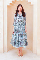 Aster Dress Shirt Collar 3/4 Sleeve Midi Length Cotton Musola (Suzani Ferns)