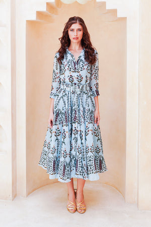 Aster Dress Shirt Collar 3/4 Sleeve Midi Length Cotton Musola (Suzani Ferns)