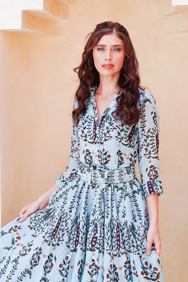 Aster Dress Shirt Collar 3/4 Sleeve Midi Length Cotton Musola (Suzani Ferns)