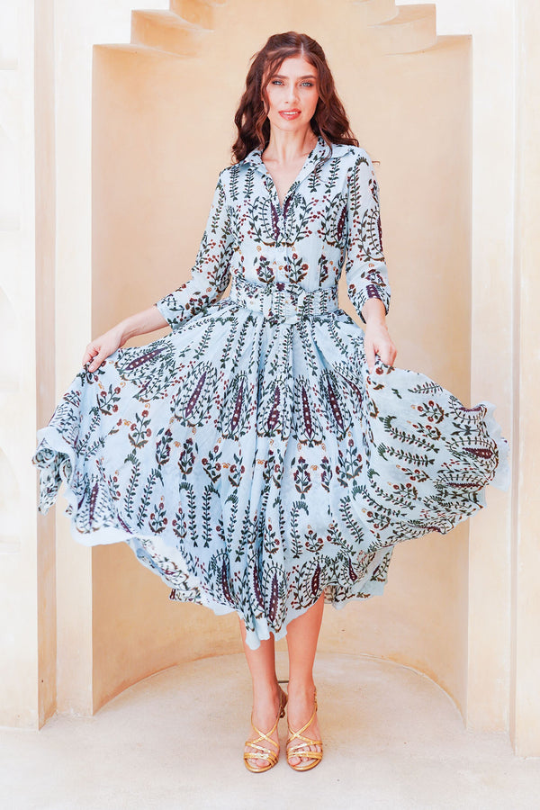 Aster Dress Shirt Collar 3/4 Sleeve Midi Length Cotton Musola (Suzani Ferns)