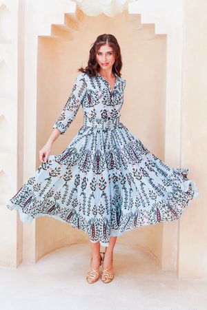 Aster Dress Shirt Collar 3/4 Sleeve Midi Length Cotton Musola (Suzani Ferns)