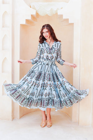 Aster Dress Shirt Collar 3/4 Sleeve Midi Length Cotton Musola (Suzani Ferns)