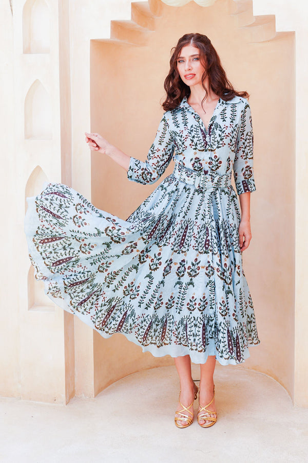 Aster Dress Shirt Collar 3/4 Sleeve Midi Length Cotton Musola (Suzani Ferns)