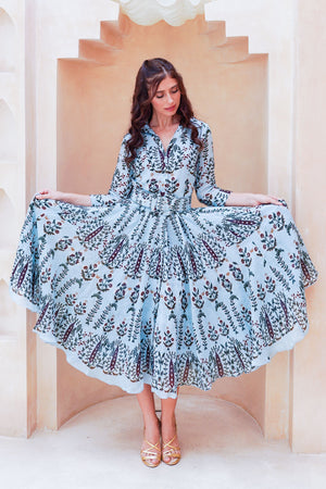 Aster Dress Shirt Collar 3/4 Sleeve Midi Length Cotton Musola (Suzani Ferns)