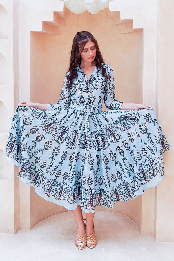 Aster Dress Shirt Collar 3/4 Sleeve Midi Length Cotton Musola (Suzani Ferns)