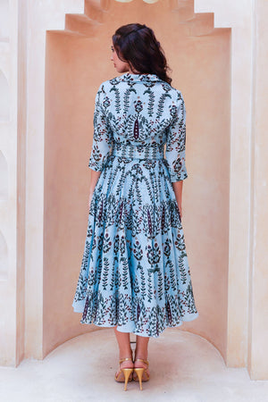 Aster Dress Shirt Collar 3/4 Sleeve Midi Length Cotton Musola (Suzani Ferns)