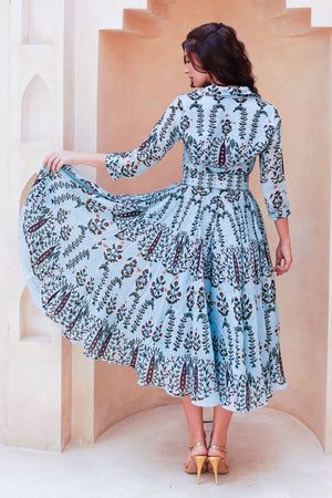 Aster Dress Shirt Collar 3/4 Sleeve Midi Length Cotton Musola (Suzani Ferns)