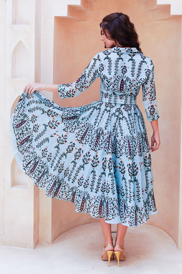 Aster Dress Shirt Collar 3/4 Sleeve Midi Length Cotton Musola (Suzani Ferns)