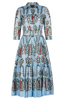 Aster Dress Shirt Collar 3/4 Sleeve Midi Length Cotton Musola (Suzani Ferns)
