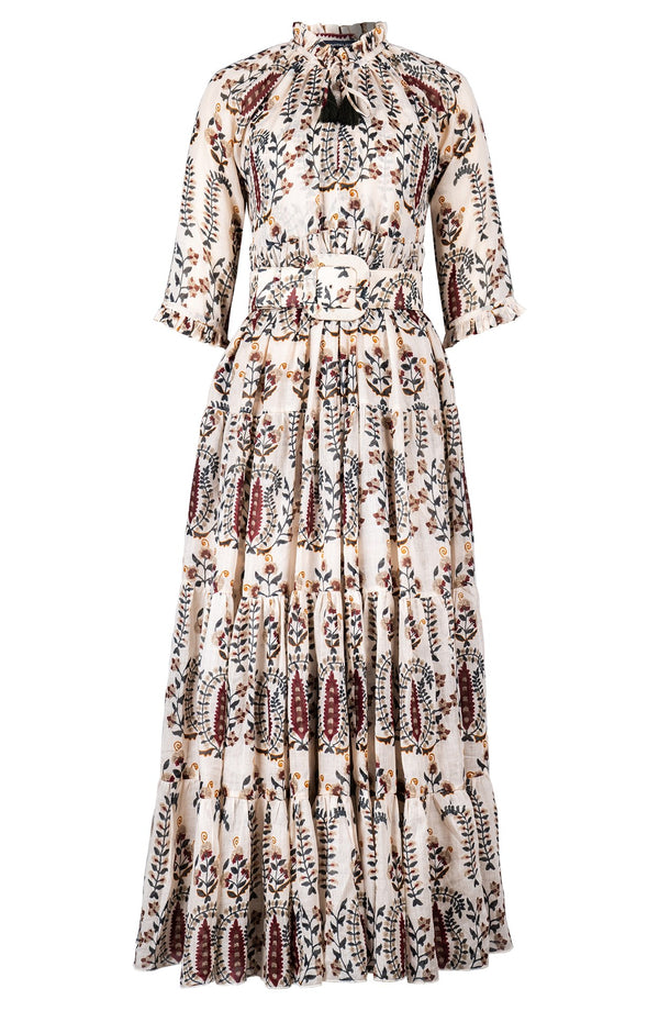 Eden Dress Crew Neck 3/4 Sleeve Maxi Length Ramie (Suzani Ferns)