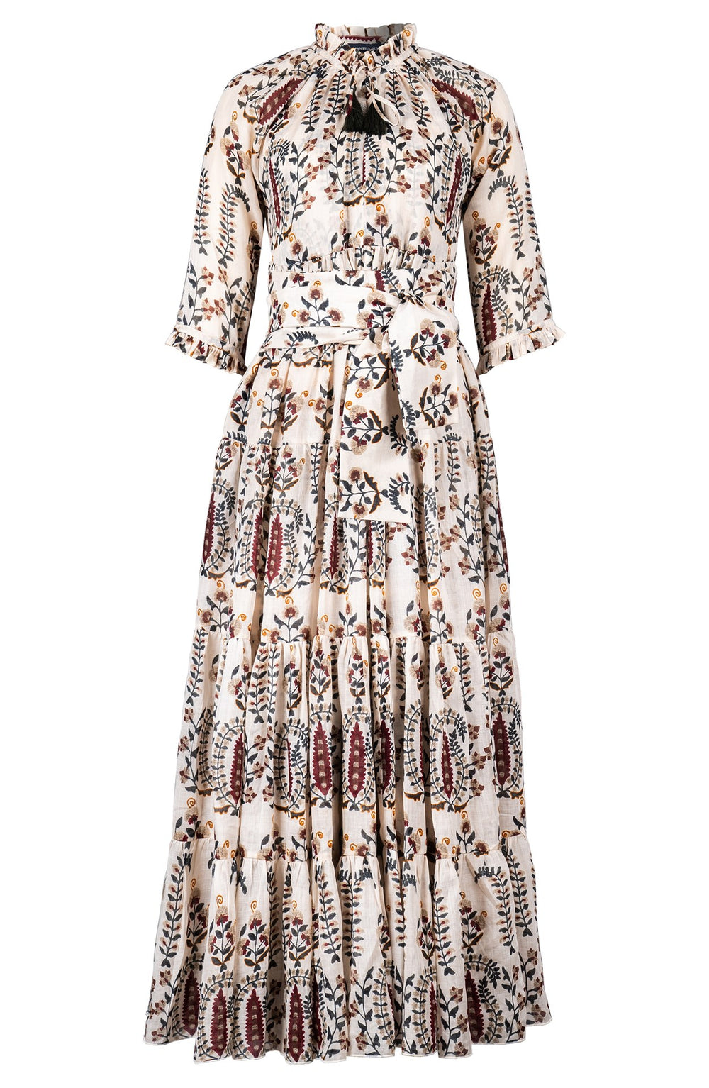 Eden Dress Crew Neck 3/4 Sleeve Maxi Length Ramie (Suzani Ferns)