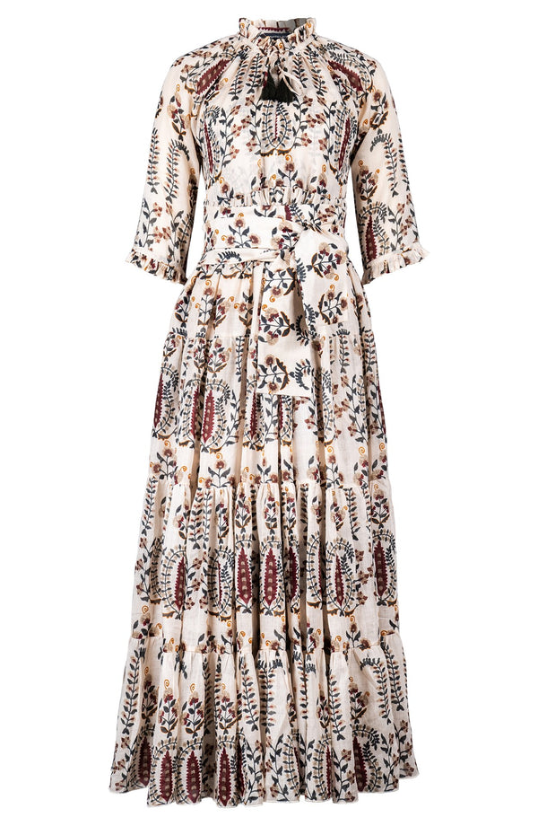 Eden Dress Crew Neck 3/4 Sleeve Maxi Length Ramie (Suzani Ferns)