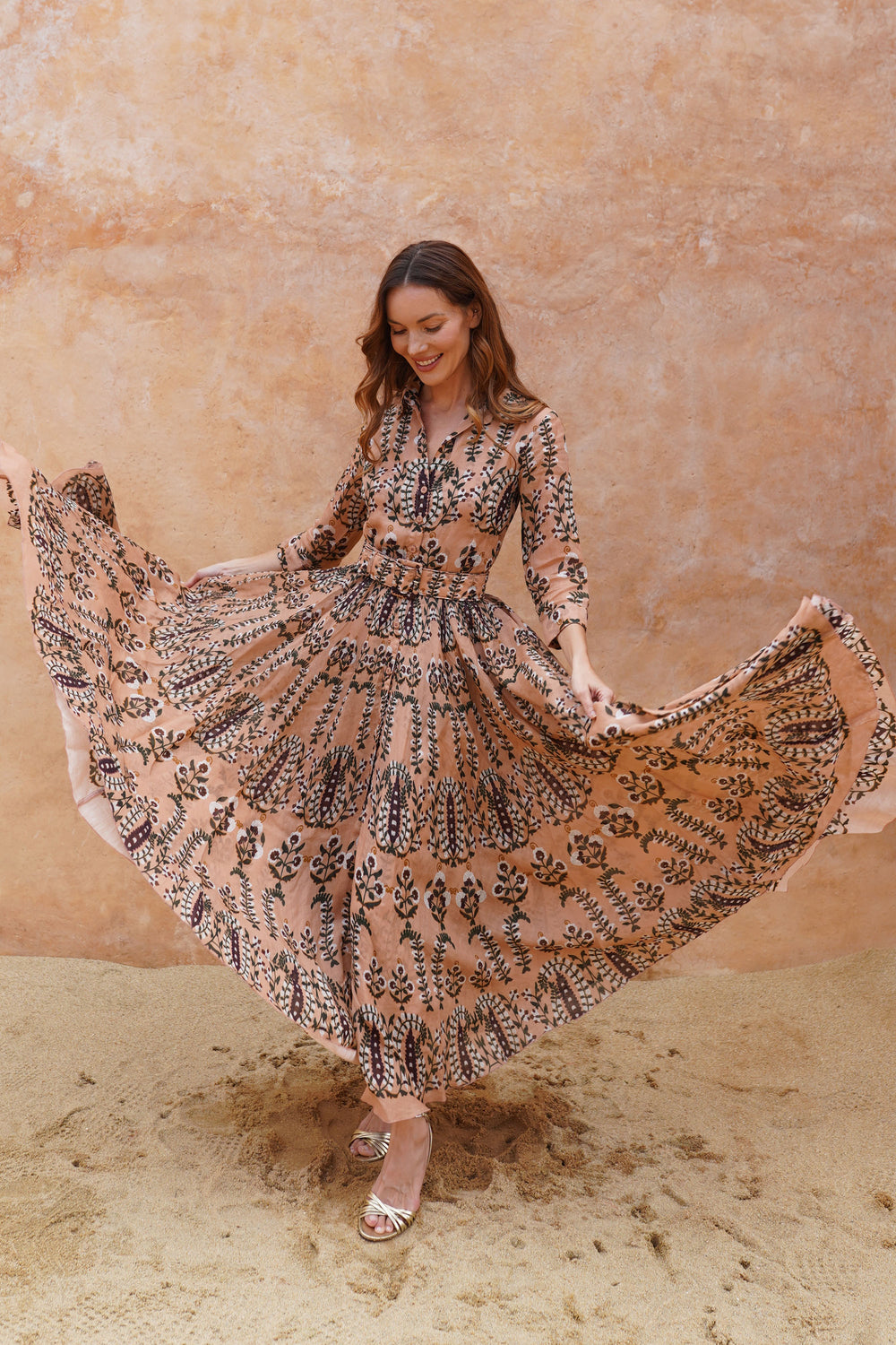 Aster Dress Shirt Collar 3/4 Sleeve Maximum Length Cotton Musola (Suzani Ferns)