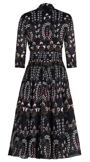 Aster Dress Shirt Collar 3/4 Sleeve Midi Length Ramie (Suzani Ferns)