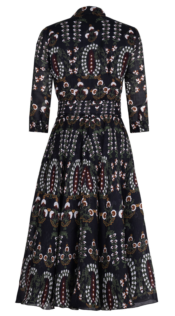 Aster Dress Shirt Collar 3/4 Sleeve Midi Length Ramie (Suzani Ferns)