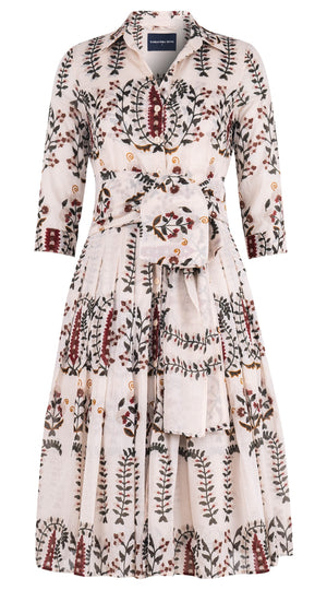 Audrey Dress #4 Shirt Collar 3/4 Sleeve Long Length Cotton Musola (Suzani Ferns)