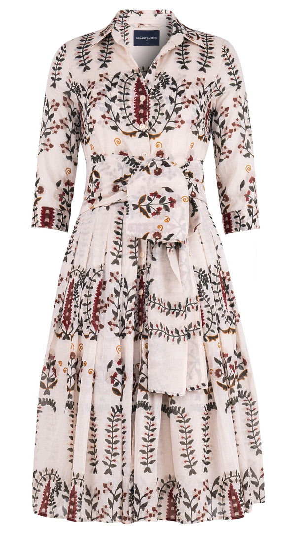 Audrey Dress #4 Shirt Collar 3/4 Sleeve Long Length Cotton Musola (Suzani Ferns)