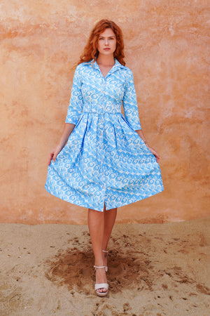 Audrey Dress #1 Shirt Collar 3/4 Sleeve Long Length Silk Taffta (Swinging Mode Small Pastel)