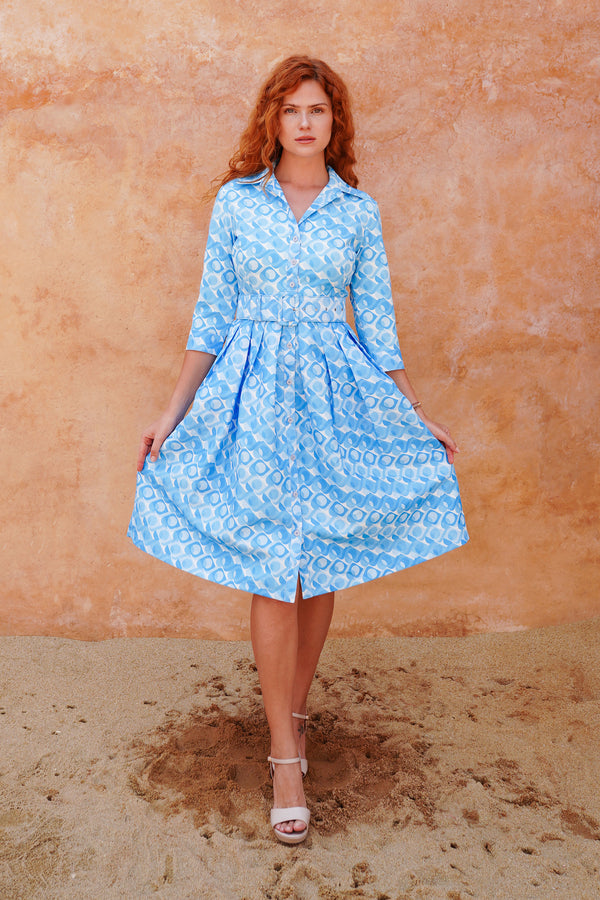Audrey Dress #1 Shirt Collar 3/4 Sleeve Long Length Silk Taffta (Swinging Mode Small Pastel)