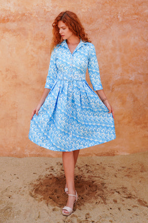 Audrey Dress #1 Shirt Collar 3/4 Sleeve Long Length Silk Taffta (Swinging Mode Small Pastel)