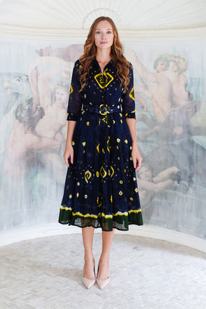 Audrey Dress #4 Shirt Collar 3/4 Sleeve Midi Length Cotton Musola (Tahikistan Tie Dye)