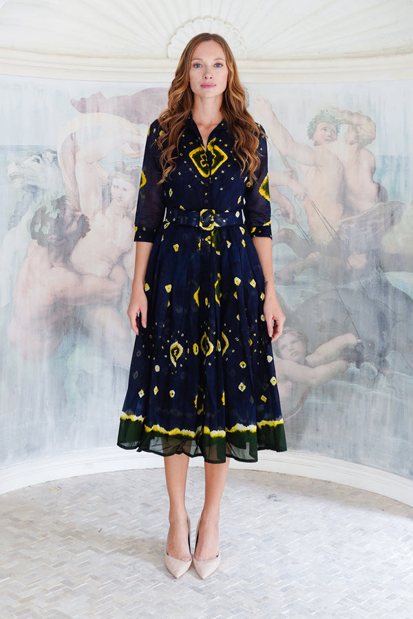 Audrey Dress #4 Shirt Collar 3/4 Sleeve Midi Length Cotton Musola (Tahikistan Tie Dye)