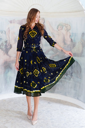 Audrey Dress #4 Shirt Collar 3/4 Sleeve Midi Length Cotton Musola (Tahikistan Tie Dye)