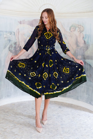 Audrey Dress #4 Shirt Collar 3/4 Sleeve Midi Length Cotton Musola (Tahikistan Tie Dye)