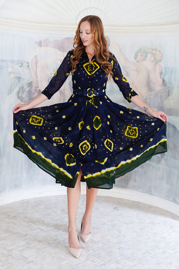 Audrey Dress #4 Shirt Collar 3/4 Sleeve Midi Length Cotton Musola (Tahikistan Tie Dye)