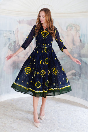 Audrey Dress #4 Shirt Collar 3/4 Sleeve Midi Length Cotton Musola (Tahikistan Tie Dye)