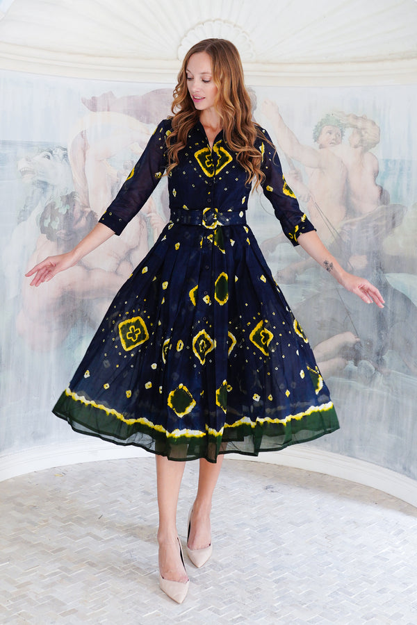 Audrey Dress #4 Shirt Collar 3/4 Sleeve Midi Length Cotton Musola (Tahikistan Tie Dye)