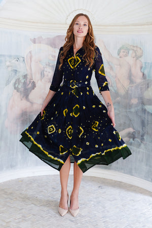 Audrey Dress #4 Shirt Collar 3/4 Sleeve Midi Length Cotton Musola (Tahikistan Tie Dye)