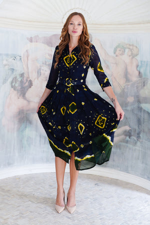 Audrey Dress #4 Shirt Collar 3/4 Sleeve Midi Length Cotton Musola (Tahikistan Tie Dye)