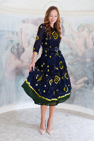 Audrey Dress #4 Shirt Collar 3/4 Sleeve Midi Length Cotton Musola (Tahikistan Tie Dye)