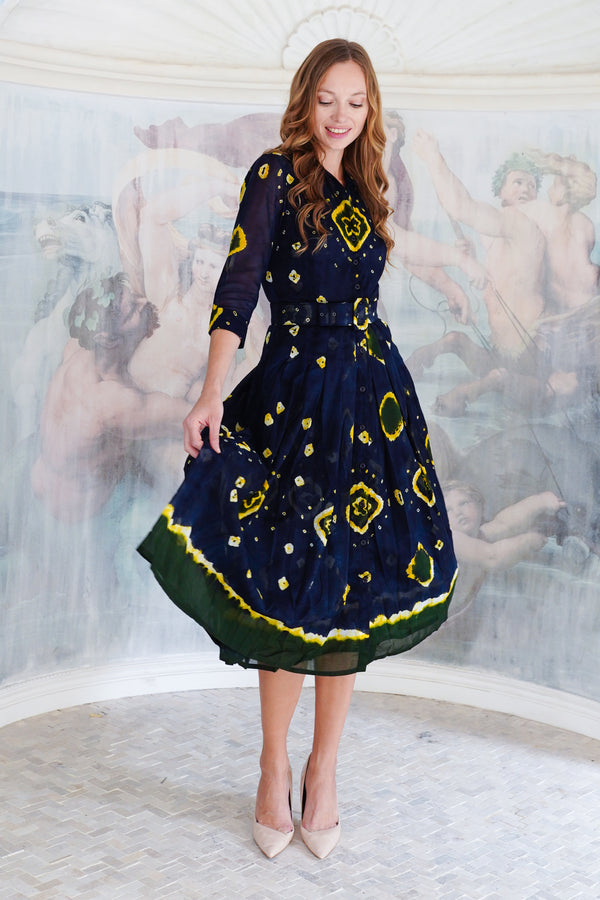 Audrey Dress #4 Shirt Collar 3/4 Sleeve Midi Length Cotton Musola (Tahikistan Tie Dye)