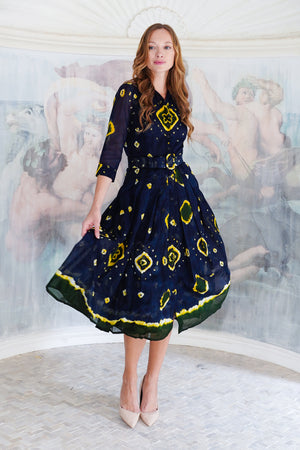 Audrey Dress #4 Shirt Collar 3/4 Sleeve Midi Length Cotton Musola (Tahikistan Tie Dye)