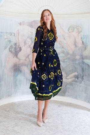 Audrey Dress #4 Shirt Collar 3/4 Sleeve Midi Length Cotton Musola (Tahikistan Tie Dye)
