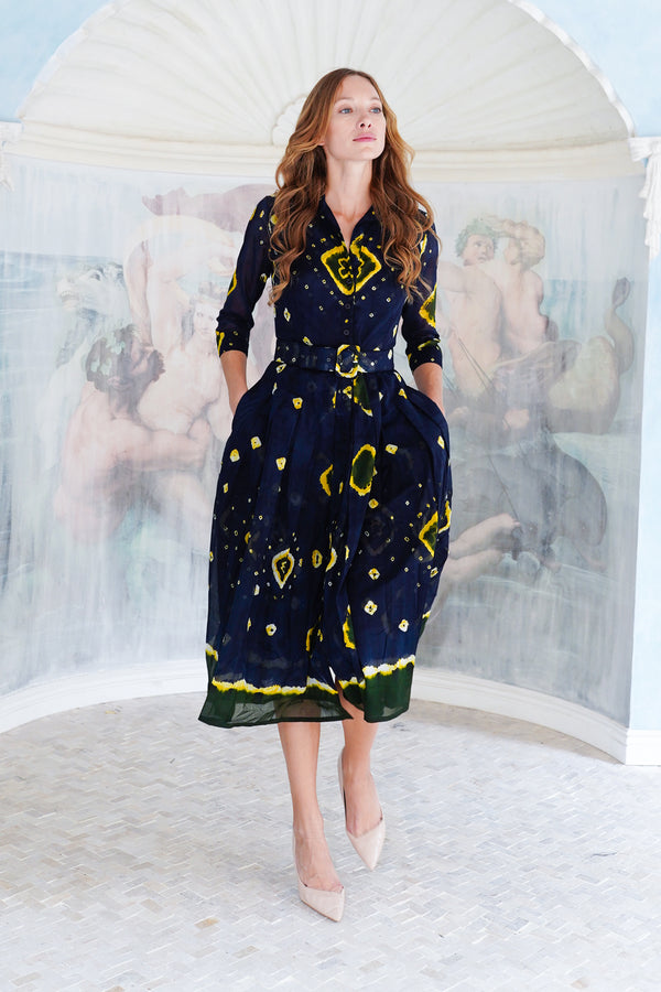 Audrey Dress #4 Shirt Collar 3/4 Sleeve Midi Length Cotton Musola (Tahikistan Tie Dye)