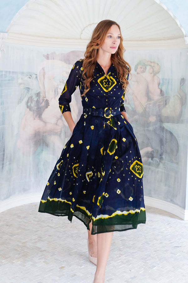 Audrey Dress #4 Shirt Collar 3/4 Sleeve Midi Length Cotton Musola (Tahikistan Tie Dye)