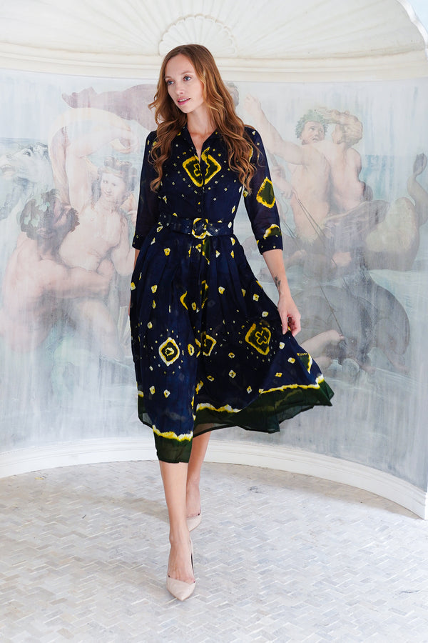 Audrey Dress #4 Shirt Collar 3/4 Sleeve Midi Length Cotton Musola (Tahikistan Tie Dye)