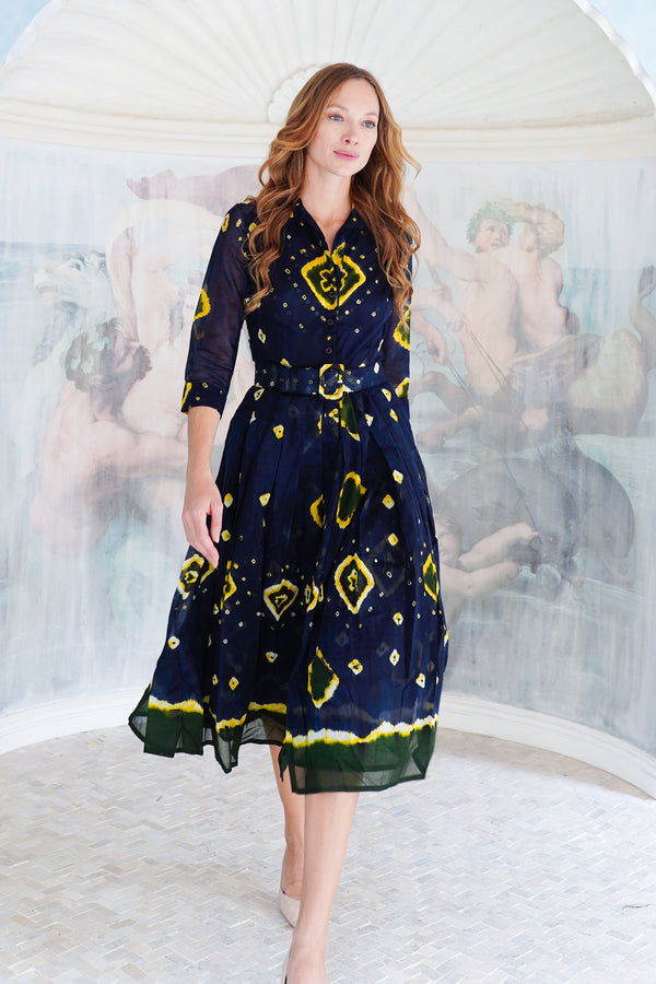 Audrey Dress #4 Shirt Collar 3/4 Sleeve Midi Length Cotton Musola (Tahikistan Tie Dye)