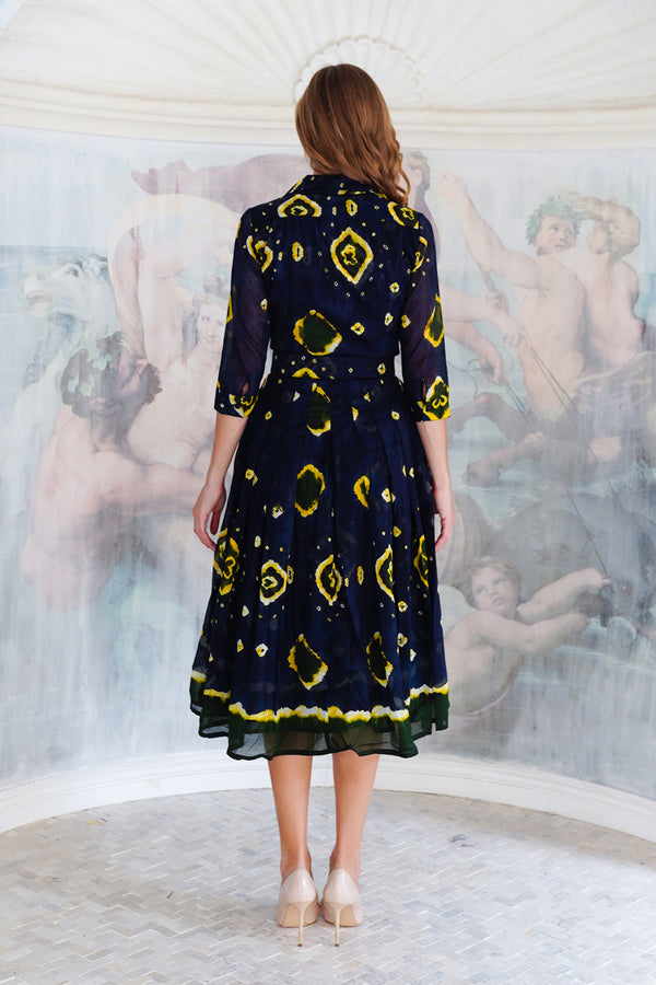 Audrey Dress #4 Shirt Collar 3/4 Sleeve Midi Length Cotton Musola (Tahikistan Tie Dye)