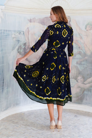 Audrey Dress #4 Shirt Collar 3/4 Sleeve Midi Length Cotton Musola (Tahikistan Tie Dye)