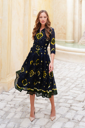 Audrey Dress #4 Shirt Collar 3/4 Sleeve Midi Length Cotton Musola (Tahikistan Tie Dye)