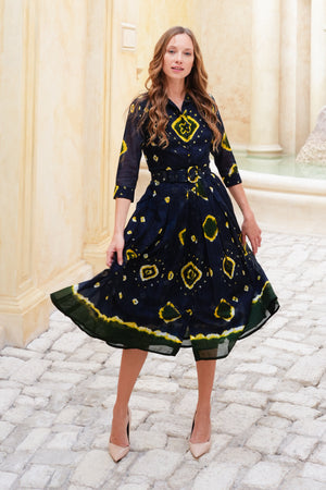 Audrey Dress #4 Shirt Collar 3/4 Sleeve Midi Length Cotton Musola (Tahikistan Tie Dye)