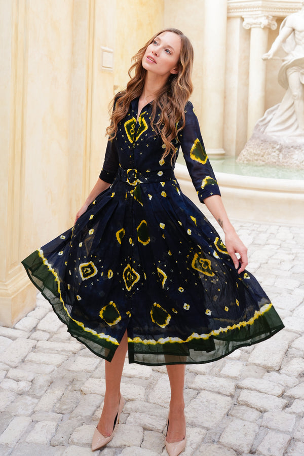 Audrey Dress #4 Shirt Collar 3/4 Sleeve Midi Length Cotton Musola (Tahikistan Tie Dye)