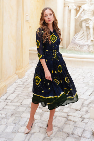 Audrey Dress #4 Shirt Collar 3/4 Sleeve Midi Length Cotton Musola (Tahikistan Tie Dye)