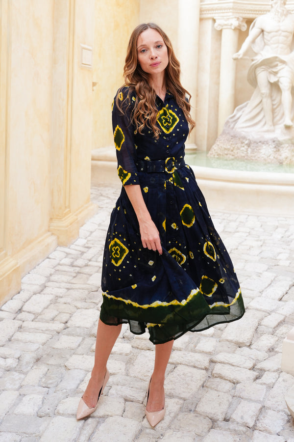 Audrey Dress #4 Shirt Collar 3/4 Sleeve Midi Length Cotton Musola (Tahikistan Tie Dye)