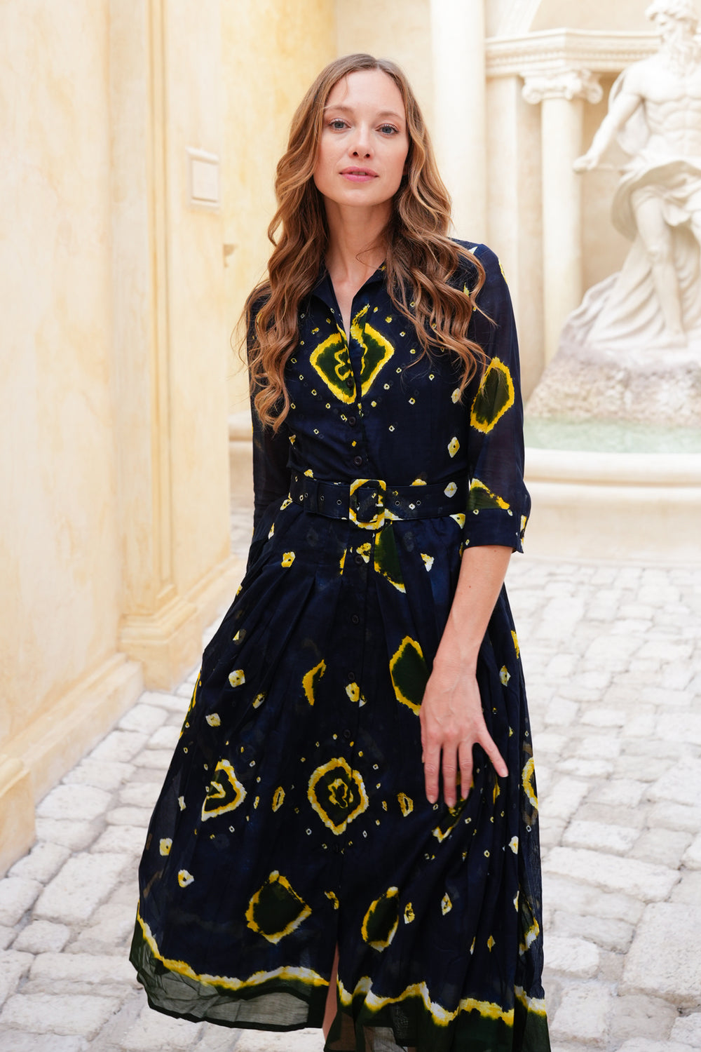 Audrey Dress #4 Shirt Collar 3/4 Sleeve Midi Length Cotton Musola (Tahikistan Tie Dye)